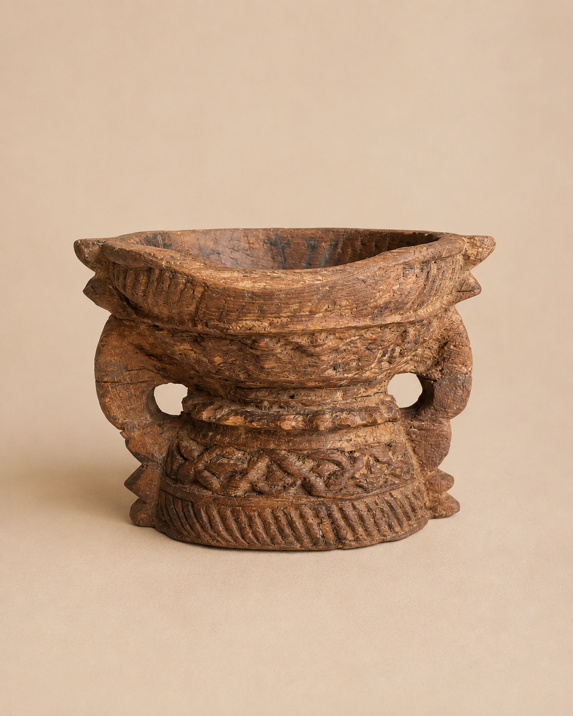 vintage old hand-carved wooden candle & plant holder
