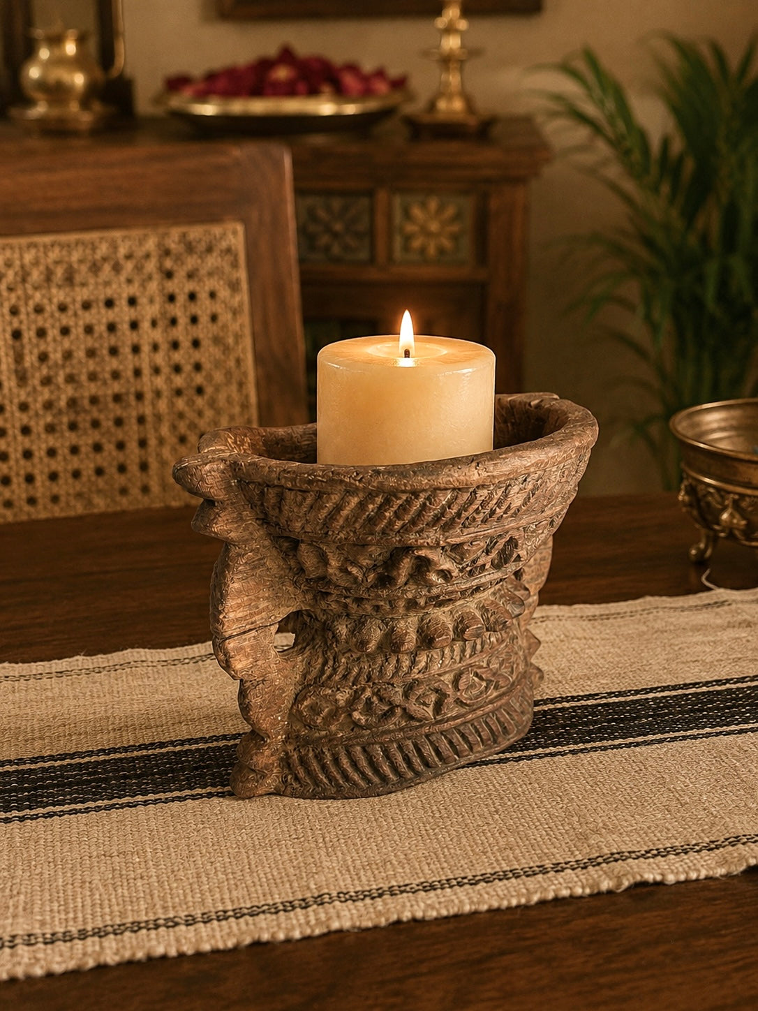 vintage old hand-carved wooden candle & plant holder