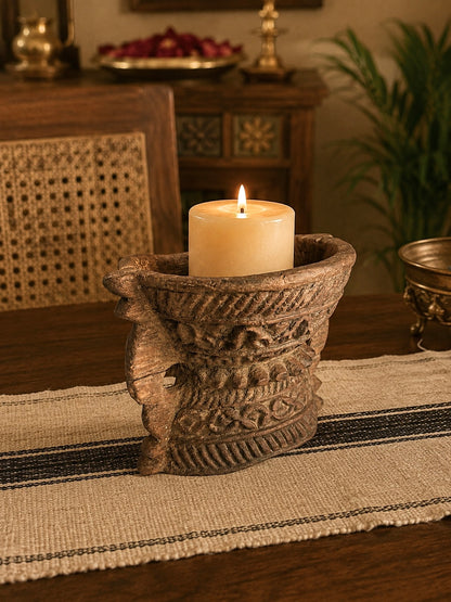 Vintage Old Hand-Carved Wooden Candle & Plant Holder
