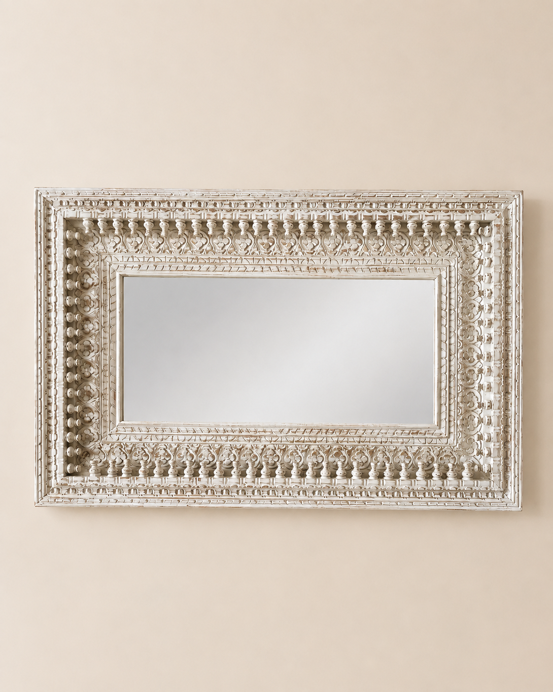 horizontal spindle detailing wall hanging mirror frame