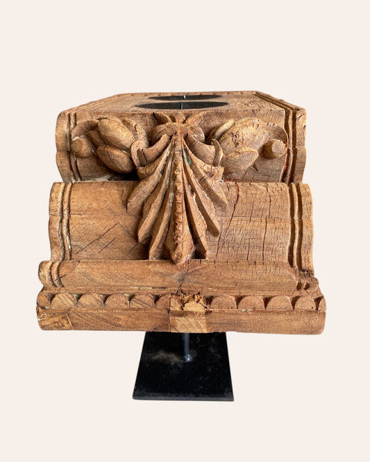 Vintage Hand-Carved Floral Décor on Iron Stand