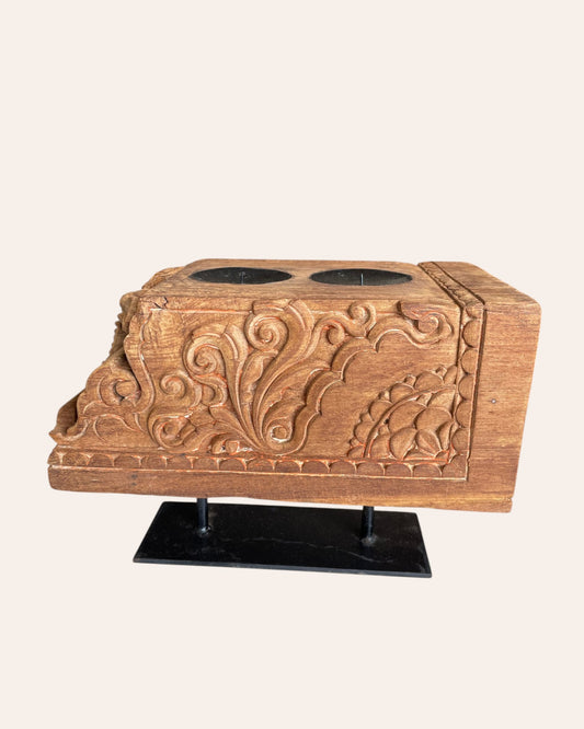 Vintage Hand-Carved Floral Décor on Iron Stand