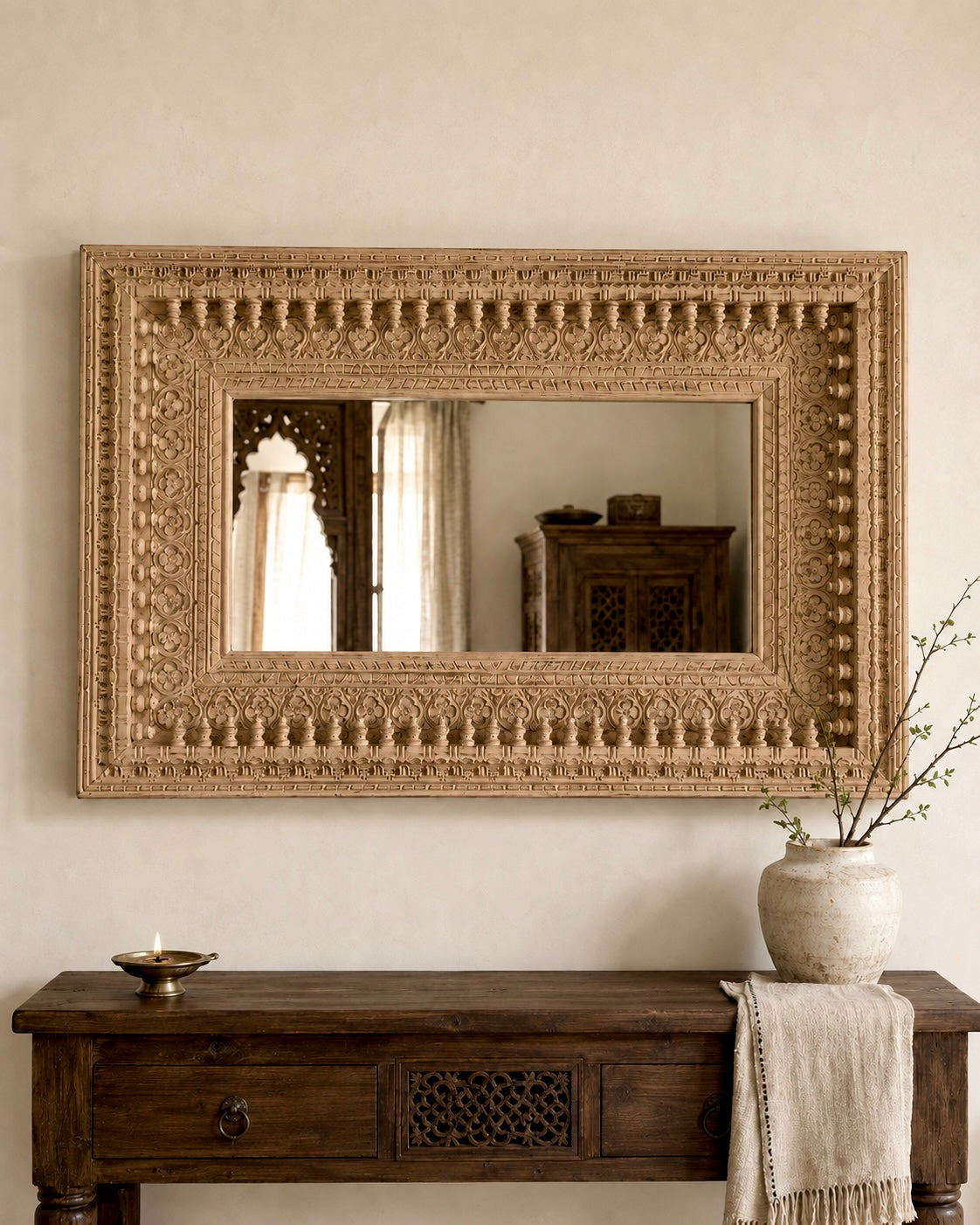 horizontal spindle detailing wall hanging mirror frame