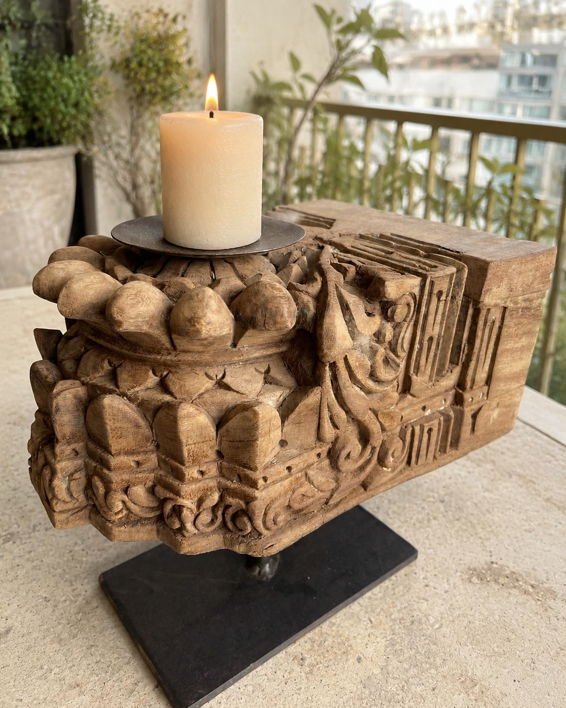 vintage hand-carved floral candle stand / statue holder / plant holder