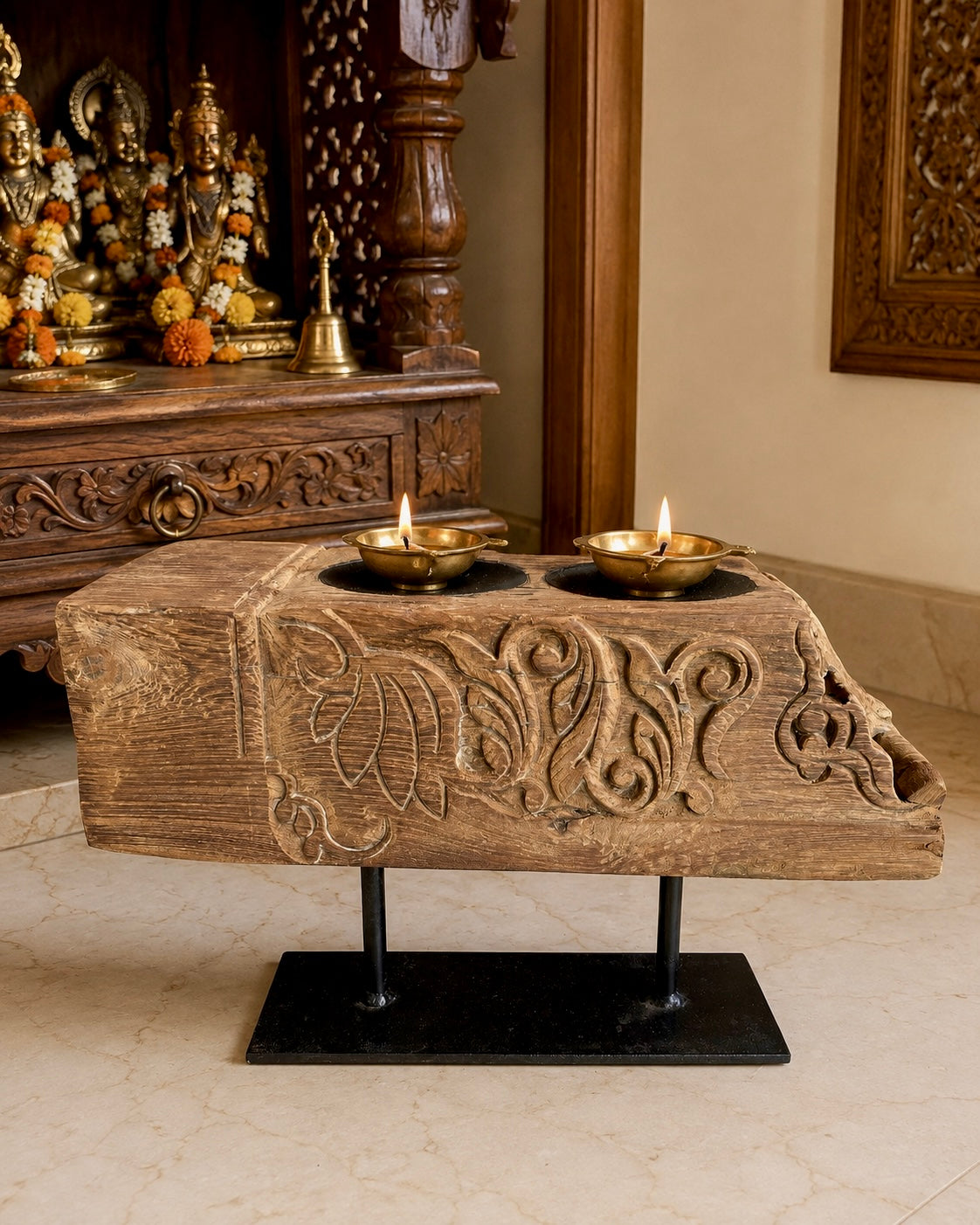 vintage hand-carved teak wood dual candle stand / plant holder / statue holder