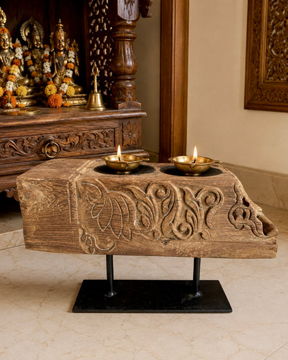 Vintage Hand-Carved Teak Wood Dual Candle Stand / Plant Holder / Statue Holder
