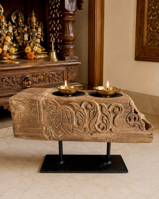 Vintage Hand-Carved Teak Wood Dual Candle Stand / Plant Holder / Statue Holder