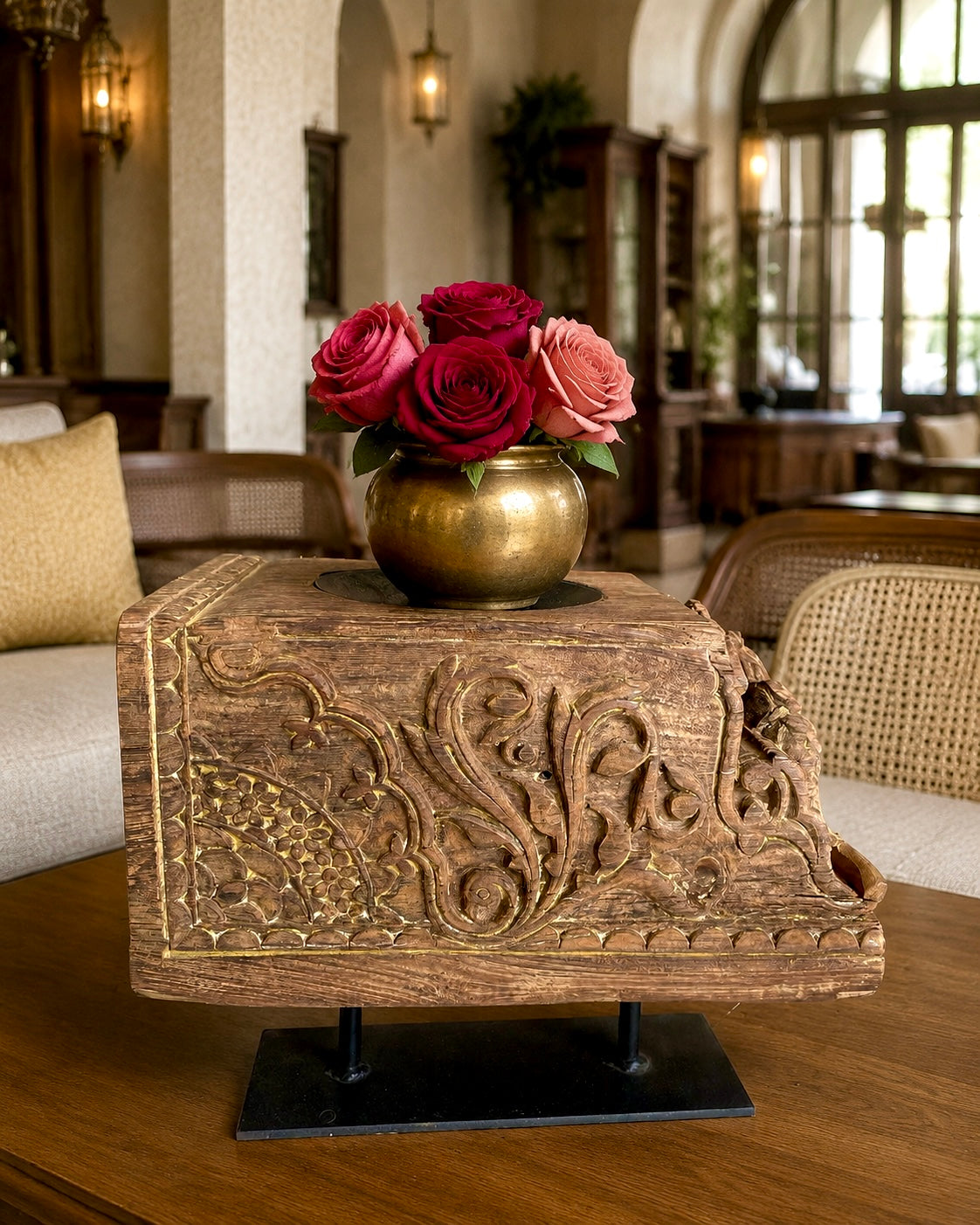heritage teak wood carved candle stand / statue holder / plant holder