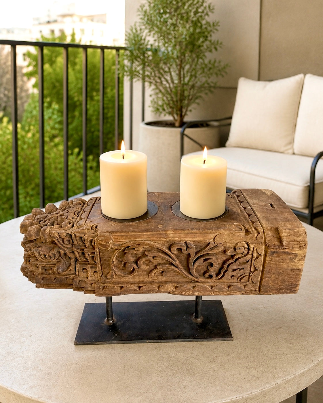vintage hand-carved teak wood double candle holder on iron stand