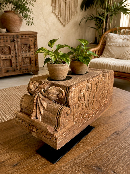 Vintage Hand-Carved Floral Décor on Iron Stand