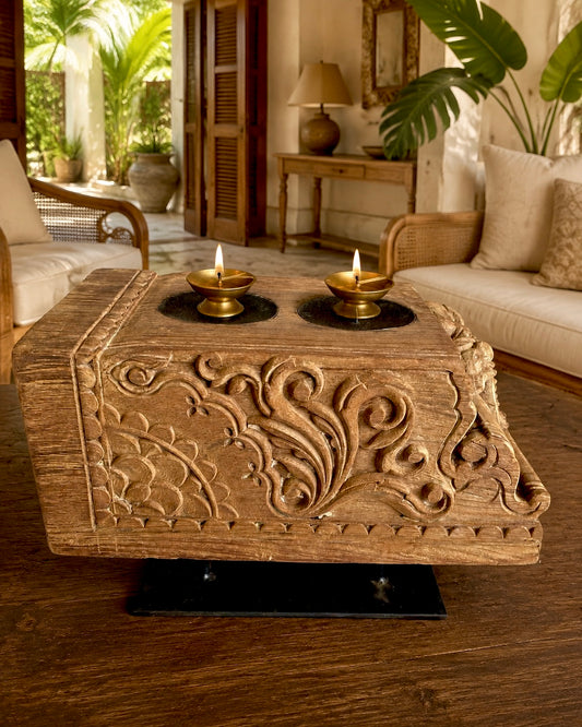 Vintage Hand-Carved Floral Décor on Iron Stand