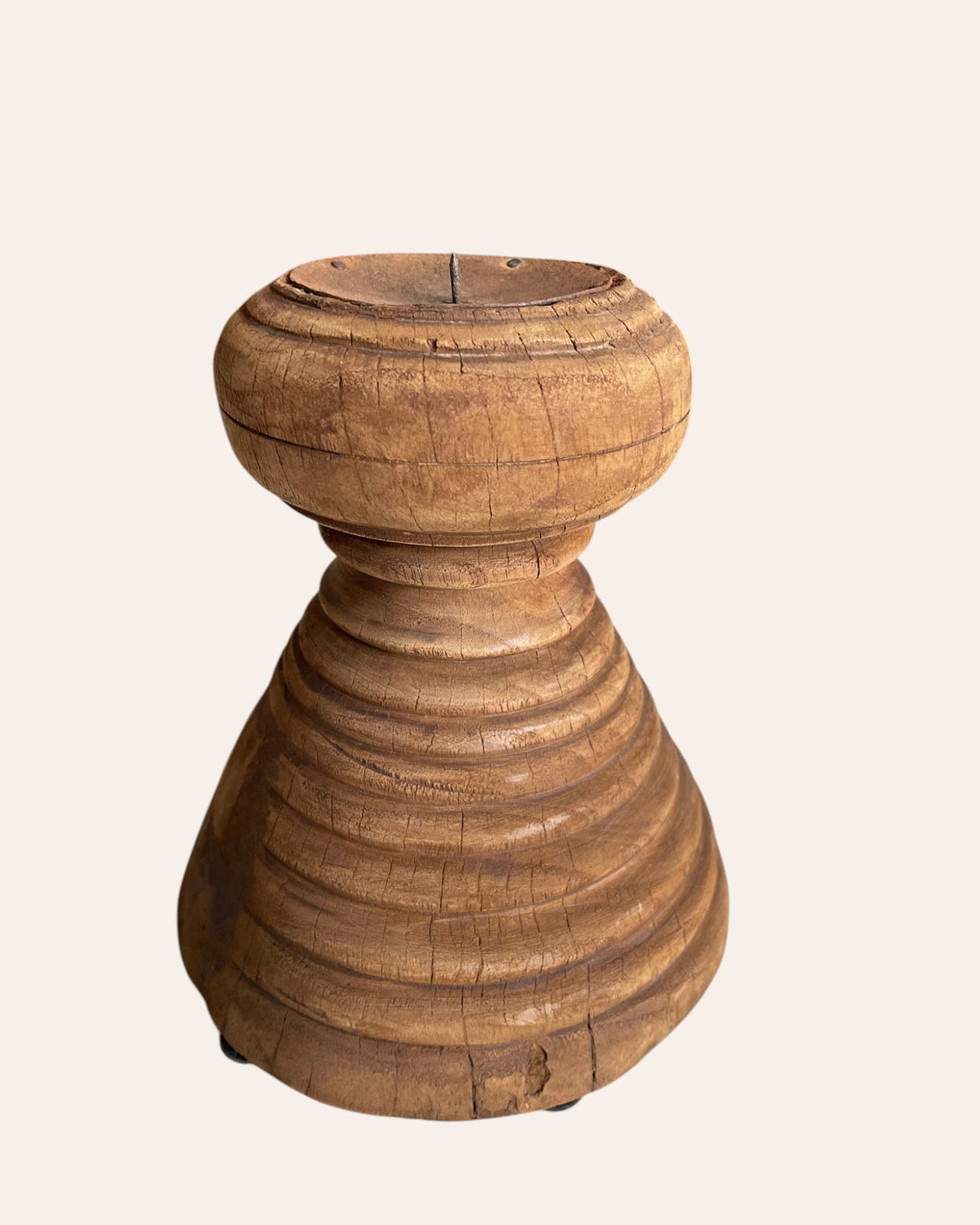 vintage round wooden candle, planter & statue holder