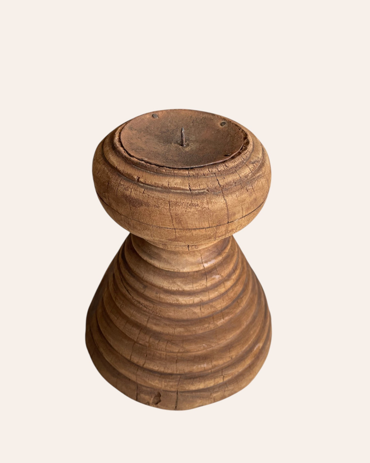 vintage round wooden candle, planter & statue holder