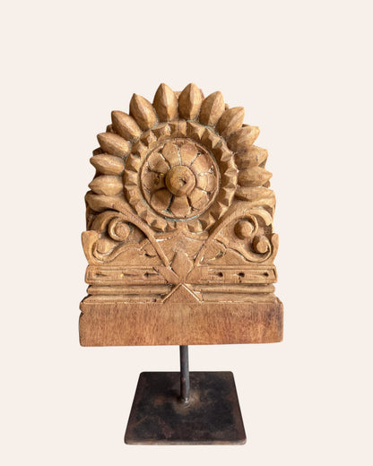 Vintage Hand-Carved Floral Medallion on Iron Stand