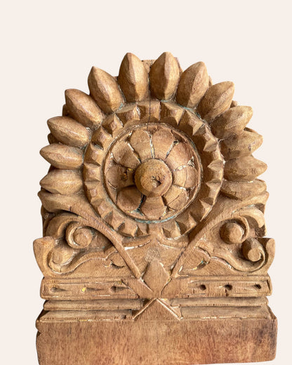 Vintage Hand-Carved Floral Medallion on Iron Stand