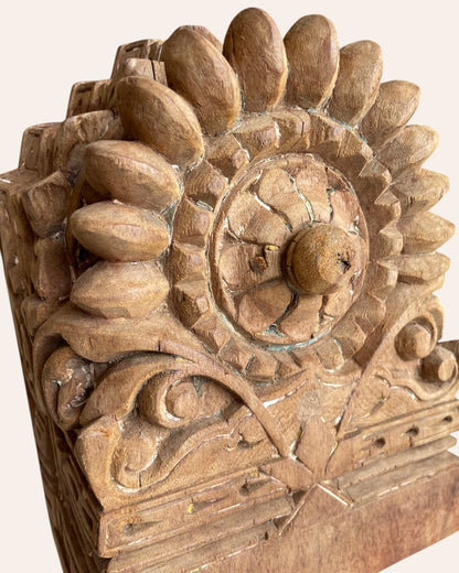 Vintage Hand-Carved Floral Medallion on Iron Stand