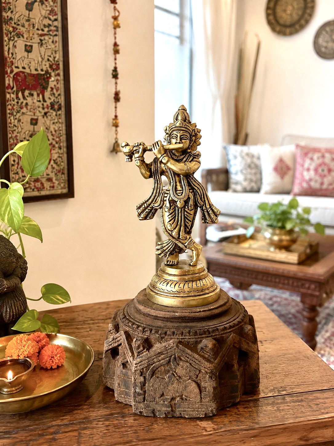 vintage wooden carved base with brass krishna idol / complete set