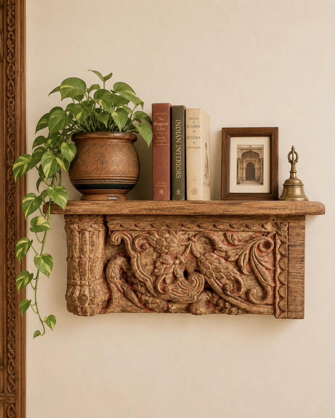 vintage hand-carved wooden wall shelf