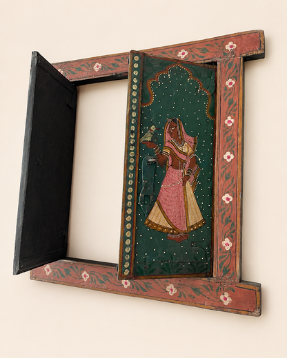 Raja Rani Hand-Painted Wooden Window Wall Décor