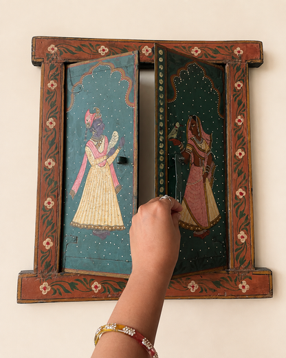 Raja Rani Hand-Painted Wooden Window Wall Décor