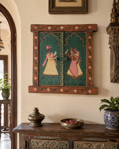 Raja Rani Hand-Painted Wooden Window Wall Décor