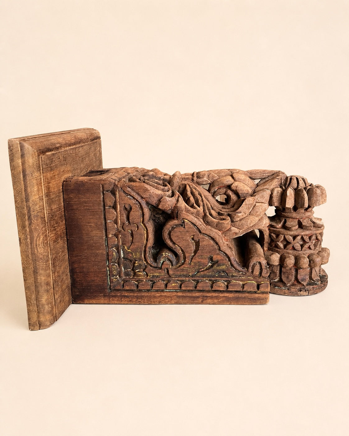 vintage hand-carved leaf & floral wooden wall bracket / shelf