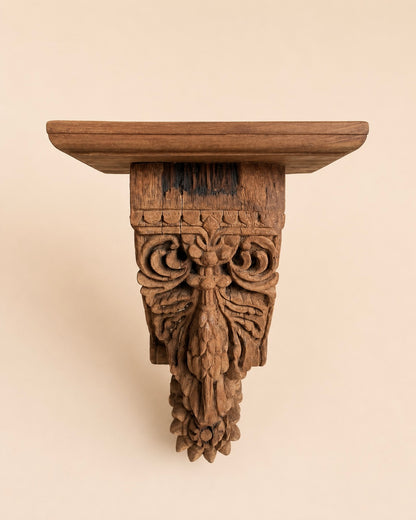 Vintage Hand-Carved Leaf & Floral Wooden Wall Bracket / Shelf