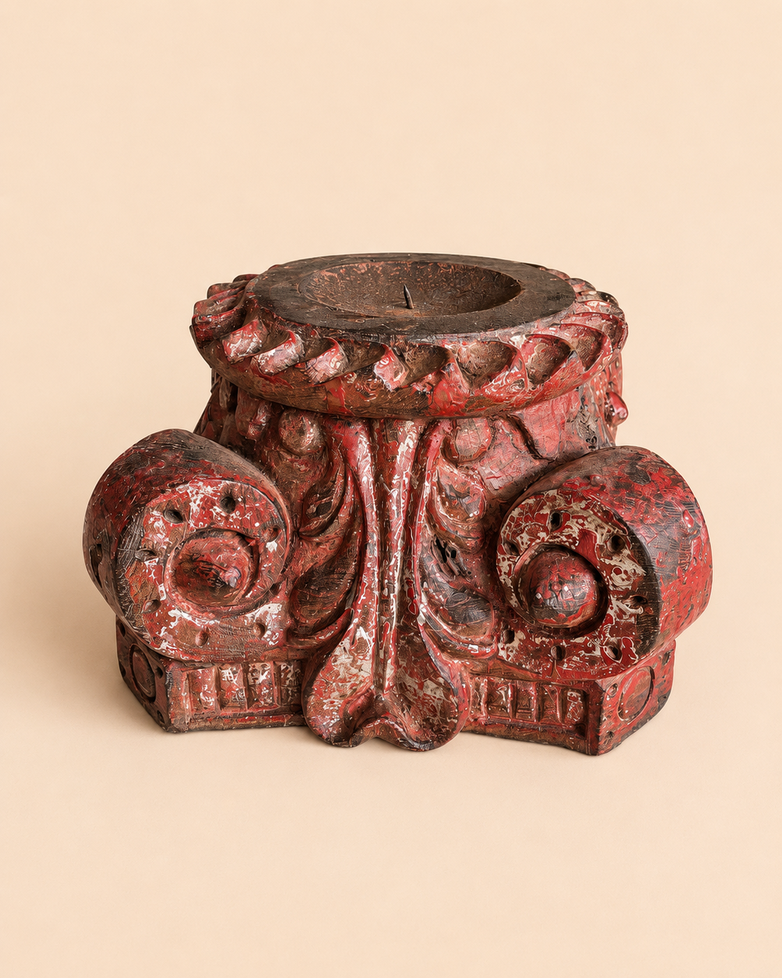 vintage distressed red pillar base plant, statue & candle stand – set of 2