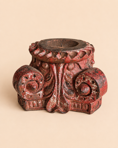 Vintage Distressed Red Pillar Base Plant, Statue & Candle Stand – Set of 2