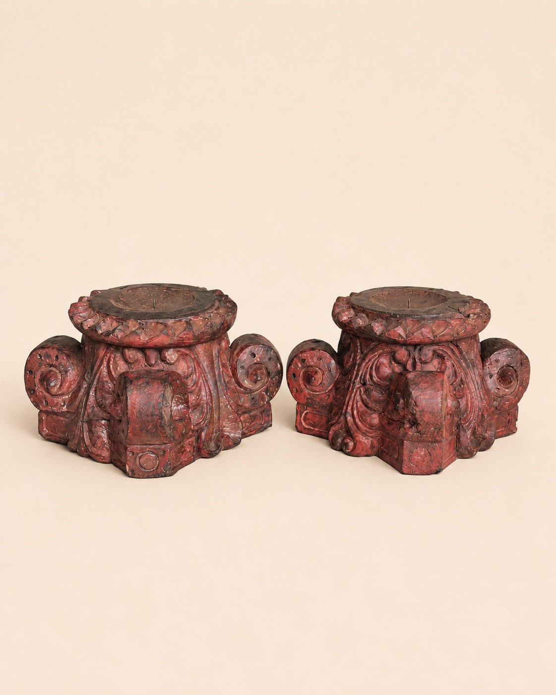 vintage distressed red pillar base plant, statue & candle stand – set of 2