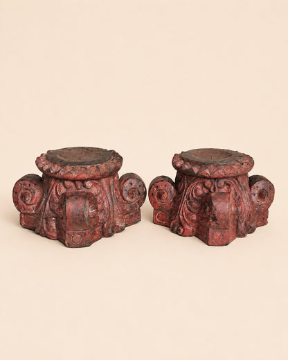 Vintage Distressed Red Pillar Base Plant, Statue & Candle Stand – Set of 2