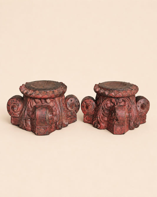 Vintage Distressed Red Pillar Base Plant, Statue & Candle Stand – Set of 2