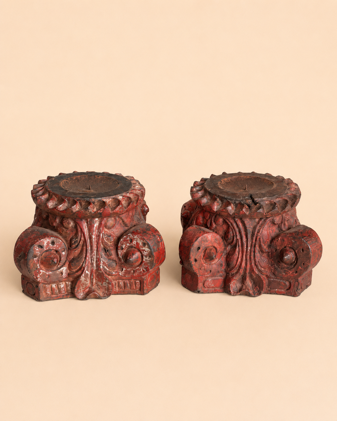 vintage distressed red pillar base plant, statue & candle stand – set of 2