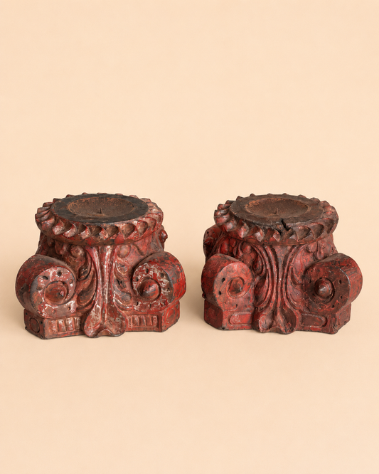 Vintage Distressed Red Pillar Base Plant, Statue & Candle Stand – Set of 2