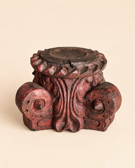 Vintage Distressed Red Pillar Base Plant, Statue & Candle Stand – Set of 2
