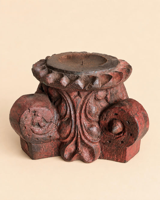 Vintage Distressed Red Pillar Base Plant, Statue & Candle Stand – Set of 2