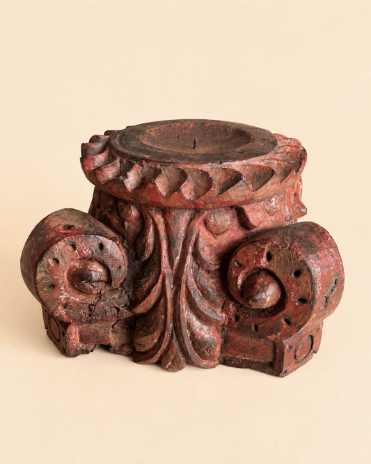 Vintage Distressed Red Pillar Base Plant, Statue & Candle Stand – Set of 2