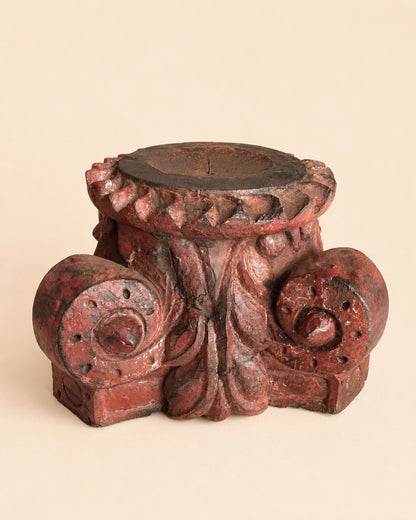 Vintage Distressed Red Pillar Base Plant, Statue & Candle Stand – Set of 2