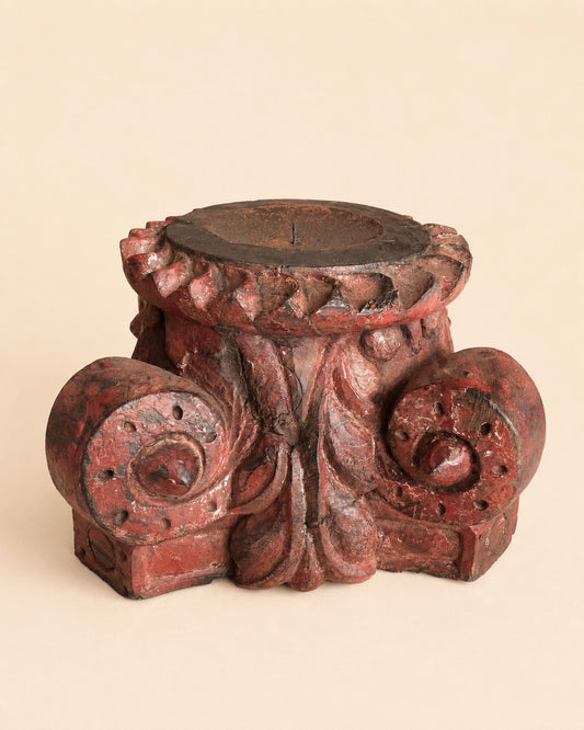Vintage Distressed Red Pillar Base Plant, Statue & Candle Stand – Set of 2