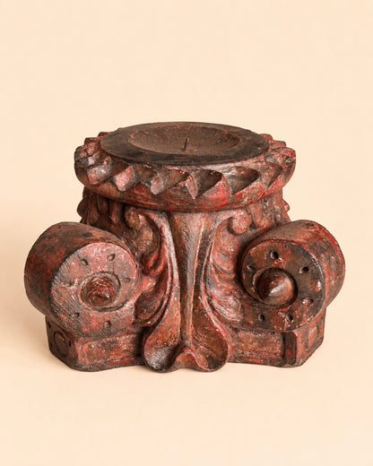 Vintage Distressed Red Pillar Base Plant, Statue & Candle Stand – Set of 2
