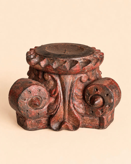 Vintage Distressed Red Pillar Base Plant, Statue & Candle Stand – Set of 2