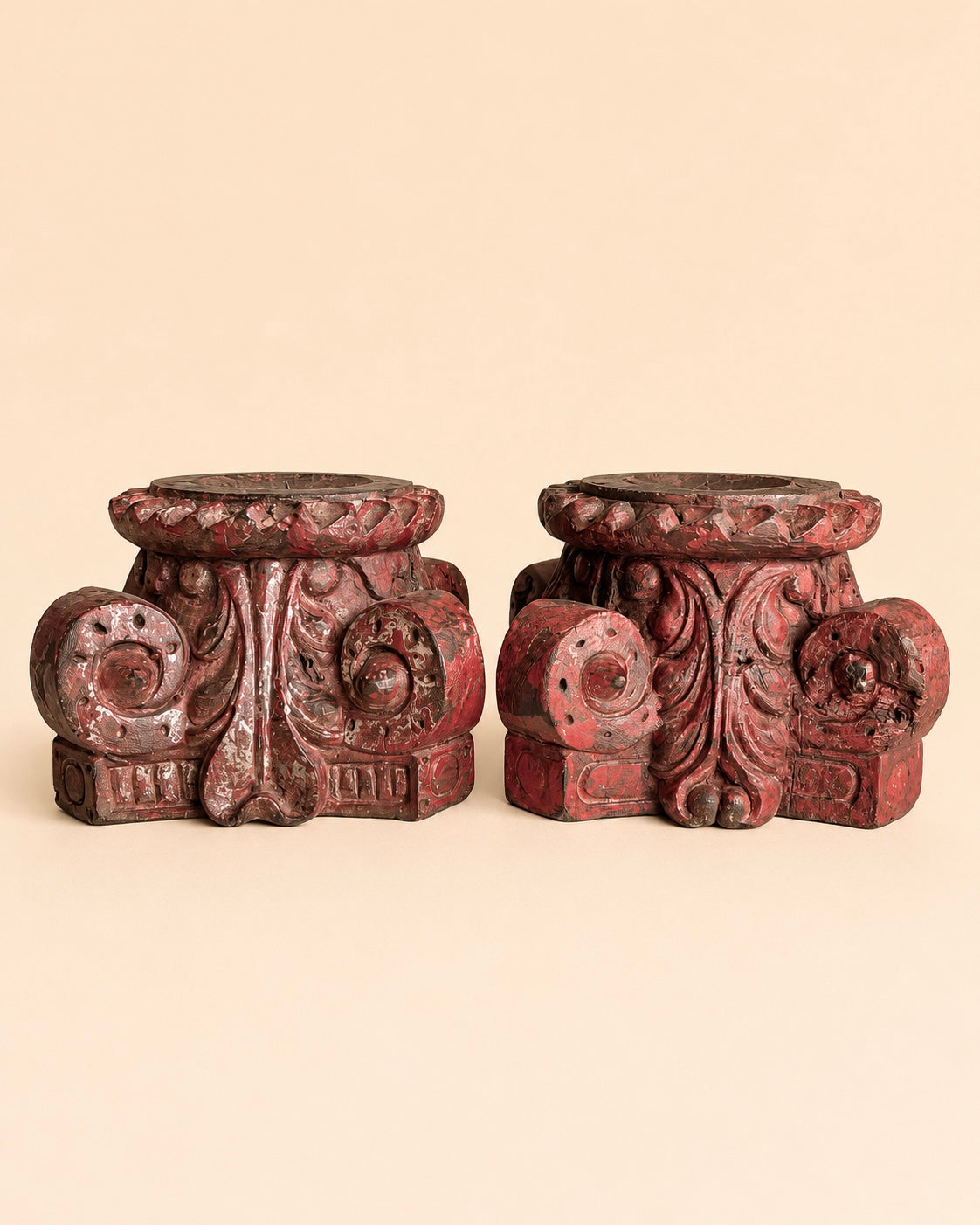 vintage distressed red pillar base plant, statue & candle stand – set of 2