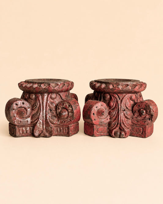 Vintage Distressed Red Pillar Base Plant, Statue & Candle Stand – Set of 2