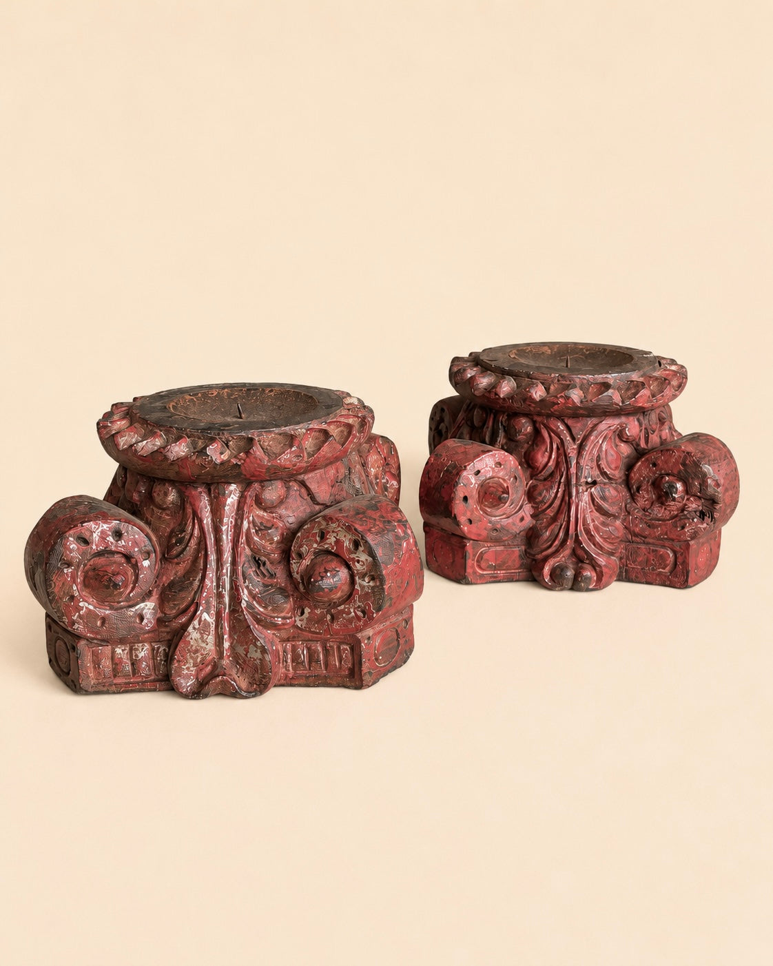 vintage distressed red pillar base plant, statue & candle stand – set of 2