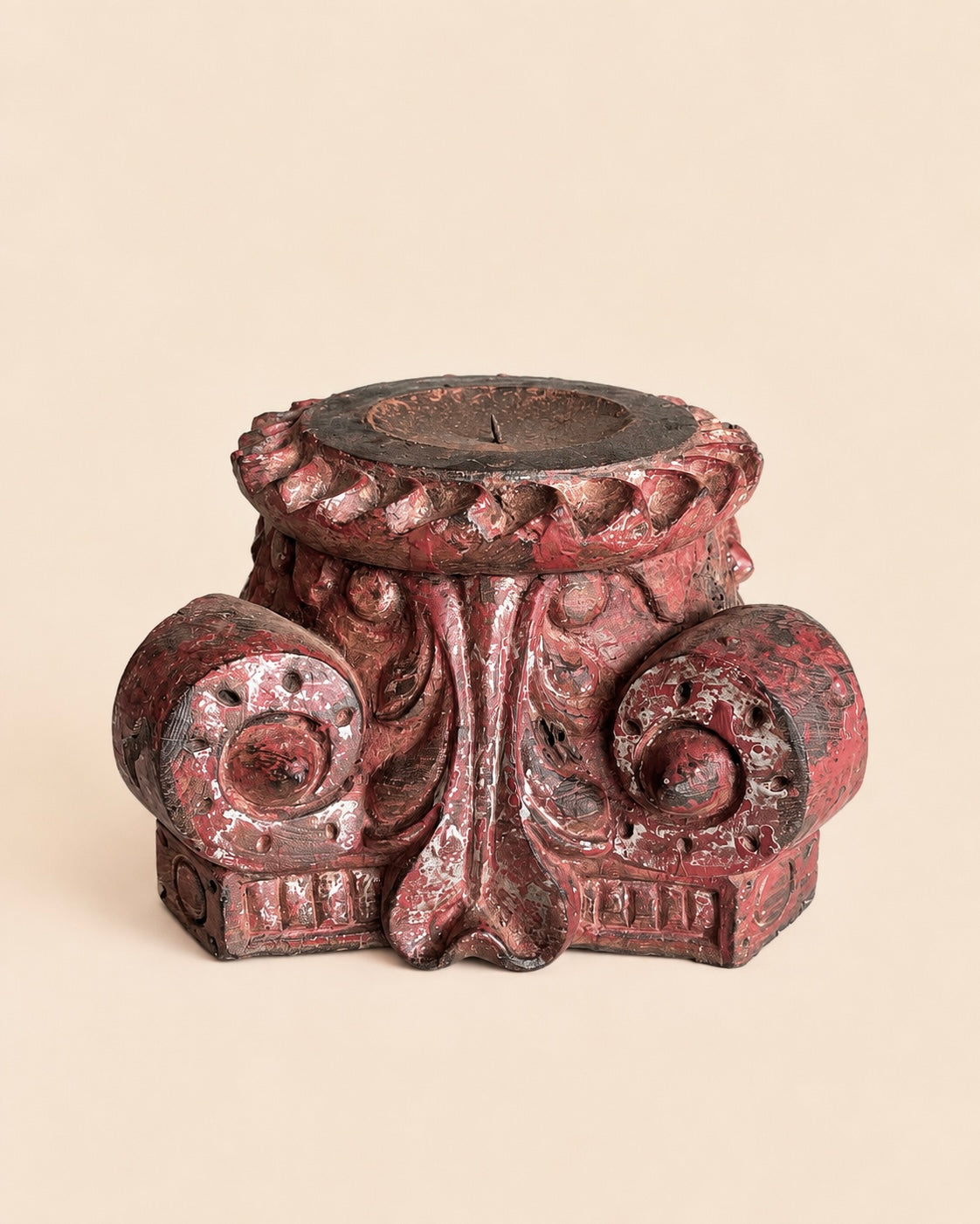 vintage distressed red pillar base plant, statue & candle stand – set of 2