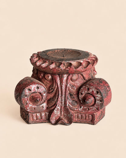 Vintage Distressed Red Pillar Base Plant, Statue & Candle Stand – Set of 2