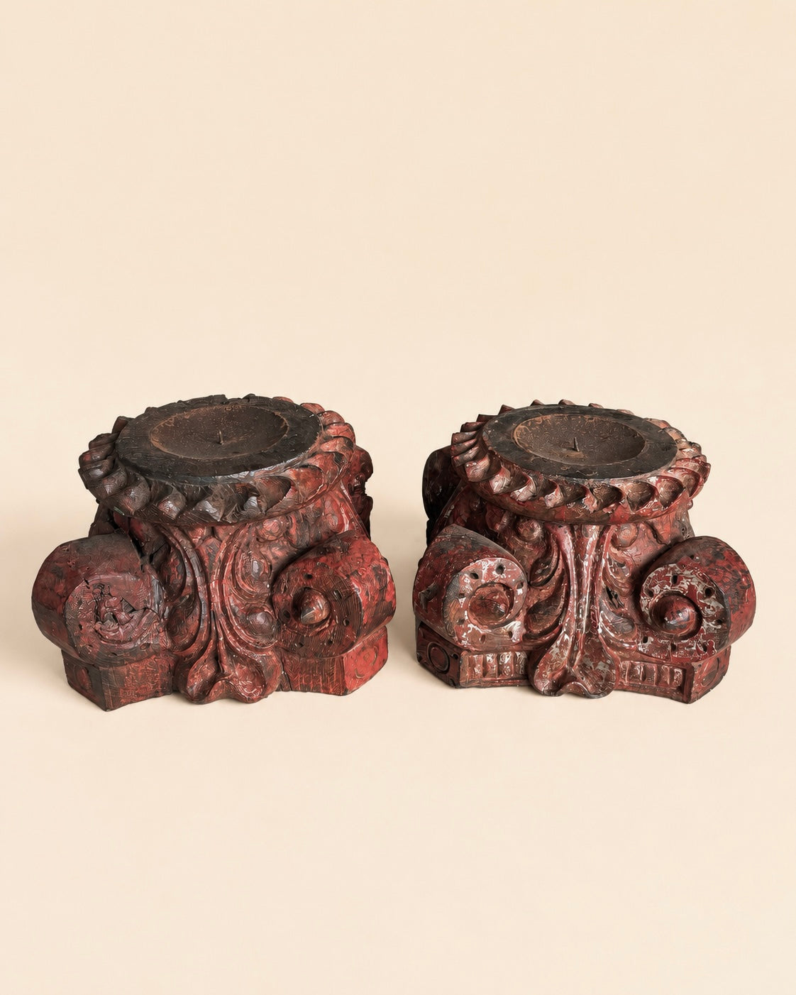 vintage distressed red pillar base plant, statue & candle stand – set of 2