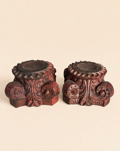 Vintage Distressed Red Pillar Base Plant, Statue & Candle Stand – Set of 2