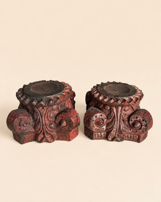 Vintage Distressed Red Pillar Base Plant, Statue & Candle Stand – Set of 2