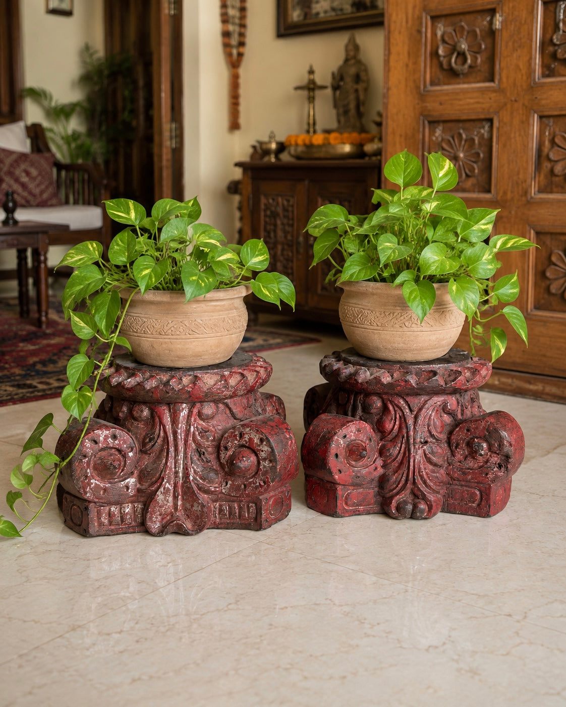 vintage distressed red pillar base plant, statue & candle stand – set of 2